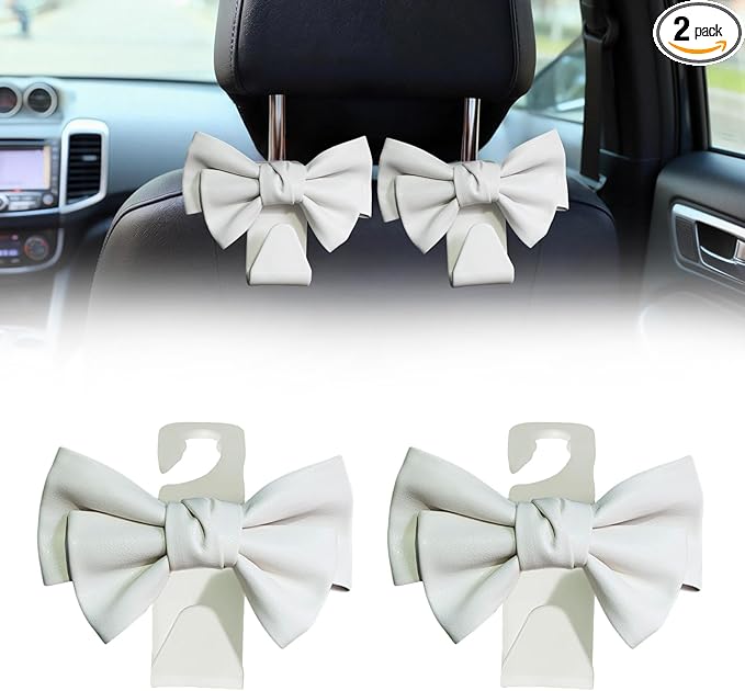 2 PCS Car Seat Headrest Hooks, Cute Bow Purse Hook Hanger for Car Headrest, Universal Leather Purse Holder for Umbrella, Storage Bag, Coat (Beige)