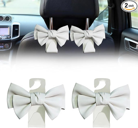 2 PCS Car Seat Headrest Hooks, Cute Bow Purse Hook Hanger for Car Headrest, Universal Leather Purse Holder for Umbrella, Storage Bag, Coat (Beige)