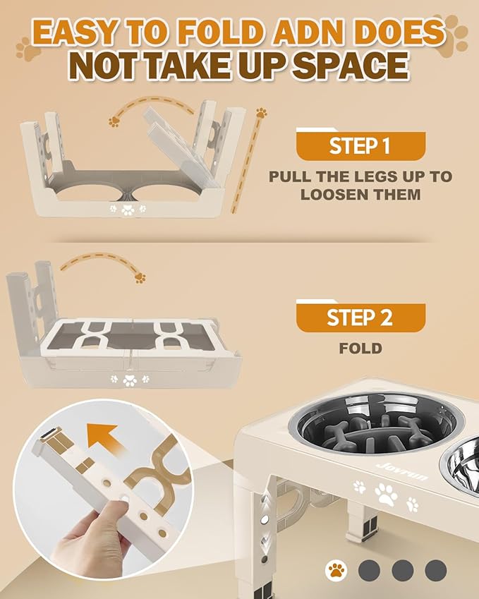 Jovrun Elevated Dog Bowls, Dog Feeder with Stainless Steel Dishes & Slow Feeder Bowl, 5 Heights Adjustable Raised Stand for Medium Large, Food Dishes with Non-Slip Feet