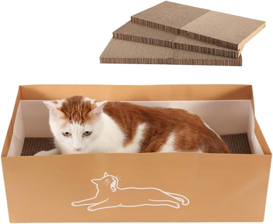 SHENGOCASE 3-Pack 21.6" Extra Long Cat Scratch Pad with Box, Horizontal Cardboard Scratcher Board House for Large Cats Maine Coon, Reversible