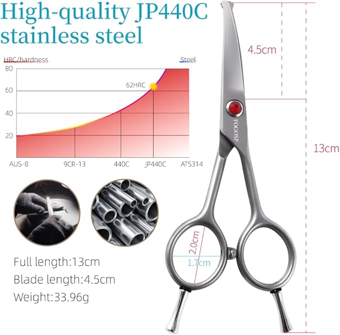 FOGOSP 4.5" Curved Dog Scissors for Grooming Face and Paws with Safety Round Tip for Small Dogs Face Paw Ears Trimmer Professional Small Cat Grooming Shears (4.5" Curved, Gray)