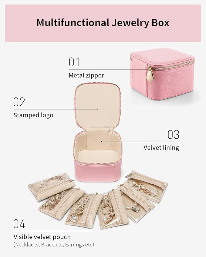 Vlando Jewelry Travel Case,Travel Jewelry Organizer with Clear Velvet Jewelry Bags 6Pcs Zipper Pouch for Women Girl Traveler Gift-Strawberry Pink