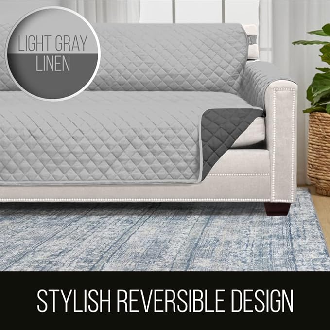 Sofa Shield Couch Armchair Covers for Dogs, Reversible Furniture Protector with Strap, Stain and Tear Resistant Cushion Cover, 48 inch Seat, Machine Washable Slipcover Pets, Cats, Light Gray Charcoal