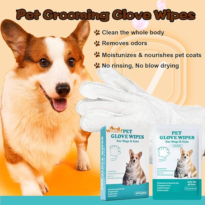 WBLITUF Pet Glove Wipes for Dogs and Cats - Dog Washing Gloves, Cat Bathing Wipes, [Individually Wrapped] 6 PCS, Cleaning & Deodorizing, Unscented,Hypoallergenic, Daily Care andTraveling.