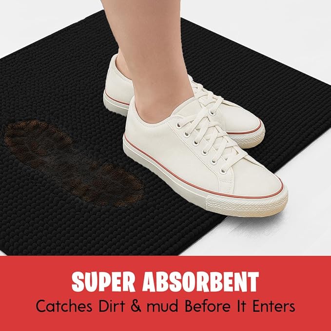 MudGuard Mat™ Dog Door Mat for Muddy Paws, Super Absorbent Microfiber, Non-Slip Indoor Mat, Quick Dry Chenille Mud Mat for Dogs & Entryway, Washable, Black 19" x 30"