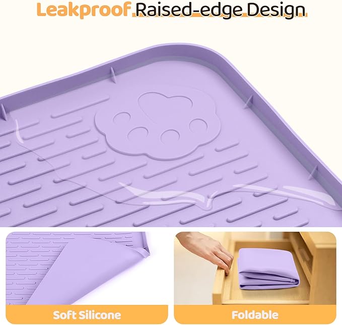 Bartuke Dog Food Mat, Extra Large 34" x 22" Silicone Pet Feeding Mat with Raised Edge Pet Placemat for Small, Medium, and Large Pets Non-Slip, Easy to Clean (Purple)