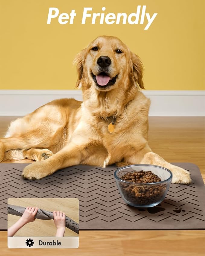 MontVoo-Absorbent Pet Feeding Mat-No Stains Quick Dry Dog Mat for Food and Water Bowl-Rubber Backing Dispenser Mat Accessories Supplies-Dog Bowl Messy Drinkers,(Brown,16"x24")