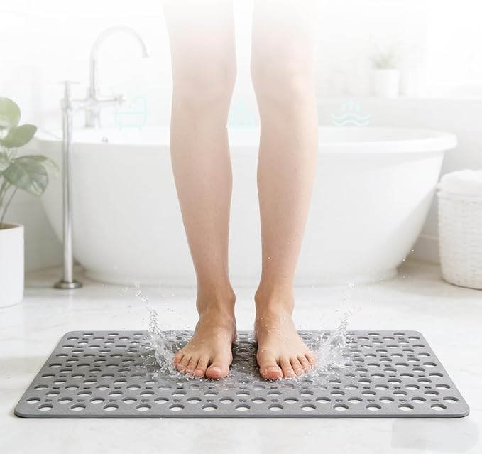 Non Slip Bath Mat for Shower & Bathtub - 30x17 Inch with Strong Suction Cups and Drain Holes, Quick-Dry, Machine Washable Floor Mat for Elderly, Kids & Pets