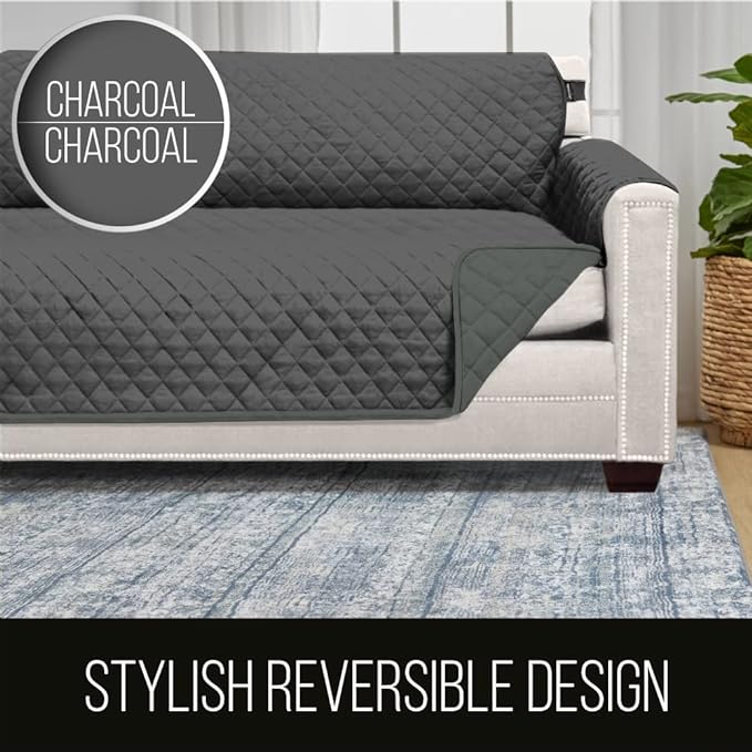 Sofa Shield Armchair Slip Cover with Patented Strap, Cushion Protector, US Designed Reversible Stain and Dog Tear Resistant Slipcover, 23 inch Seat, Washable Covers for Dogs Pets, Charcoal