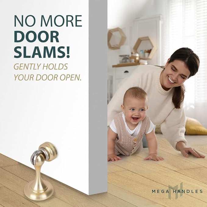 MEGA HANDLES Magnetic Door Stopper, Scratch Free Magnetic Door Catch for Wall, Elegant Magnet Door Stopper for Bottom of The Door- Satin Brass (1 Pack)