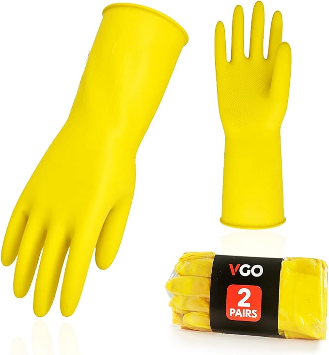 Vgo... 2-Pairs Reusable Household Gloves, Rubber Dishwashing gloves, Extra Thickness, Long Sleeves, Kitchen Cleaning, Working, Painting, Gardening, Pet Care (Size L, Yellow, HH4601)