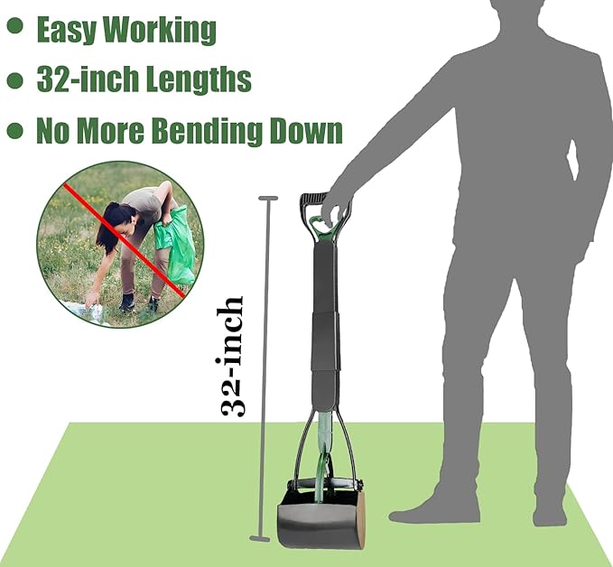 Pooper Scooper, Large Pooper Scooper for Dogs Heavy Duty, Dog Pooper Scooper with Long Handle & High Strength Durable Spring, Foldable Dog Poop Pick Up (32-inch) (Dark Green)
