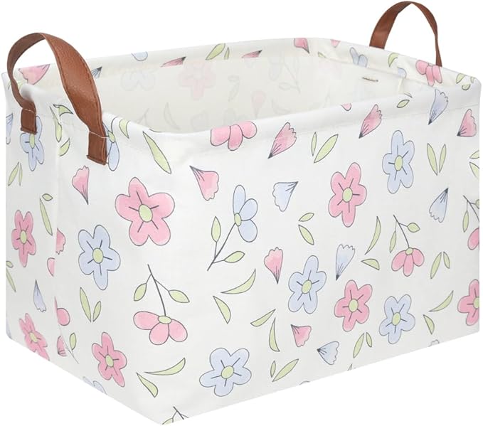 FXOLCSHE Rectangular Flower Basket,kids laundry Hamper,Baby Girls Nursery Hamper,Waterproof foldable Kid's storage basket,Clothes Organizer Basket,Girls Room Decor(Blue flowers)