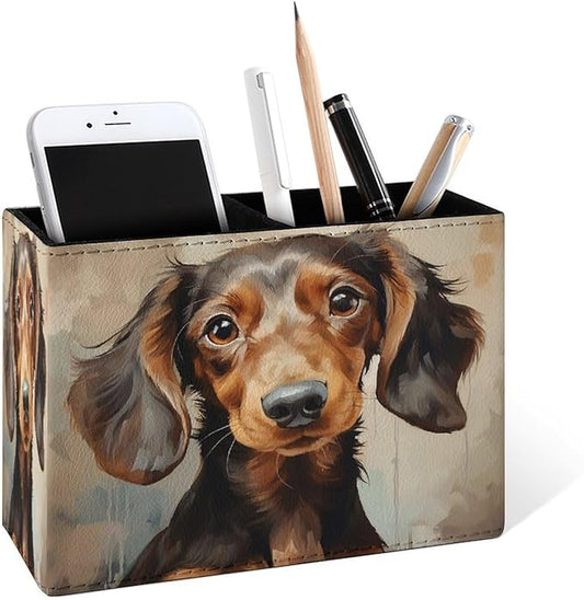 Famame Watercolor Dachshund Dog Pencil Holder for Desk, Leather Desktop Container Pen Cup Storage Study Table Pen Organizer Makeup Brush Holder for Classroom Office Home