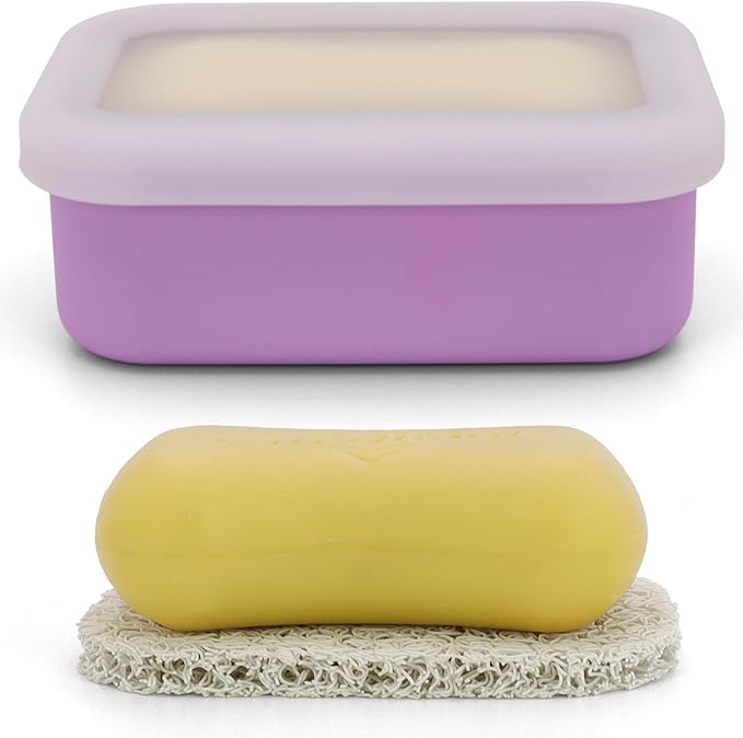 Enhanced Leak Proof Travel Soap Container, Compact Silicone Travel Soap Holder with Drainage Pad, Great for Camping, Gym and Business Trip (Purple)