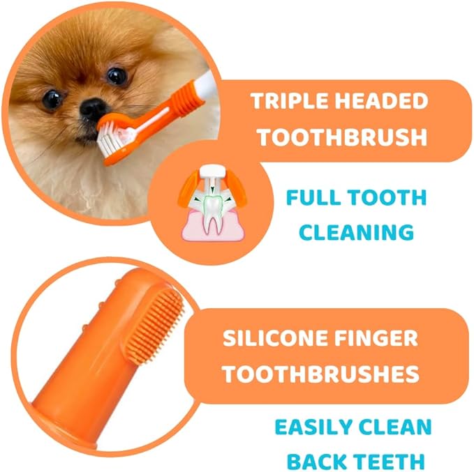Dog Toothbrush with Toothpaste | Approved Dog Dental Kit | One Triple Headed Deep Cleaning Toothbrush for Dogs-Two 100% Natural Toothpaste(90g Each)-Two Finger Brushes | Freshen Breathe Remove Plaque
