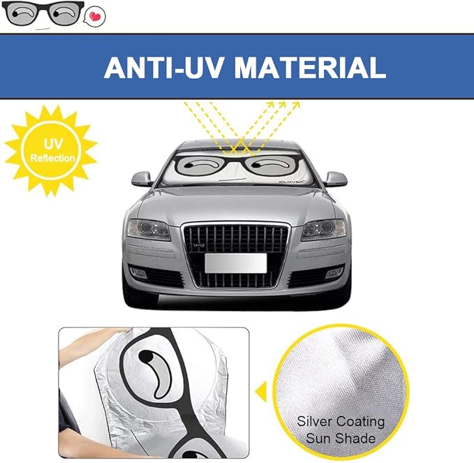 IC ICLOVER Car Windshield Sunshade with Pet Design, Cute Cartoon Design Front Auto Car Windshield Sun Shade Folding Silvering Sun Visor - UV Coating for UV Ray Deflector (Big Eyes)