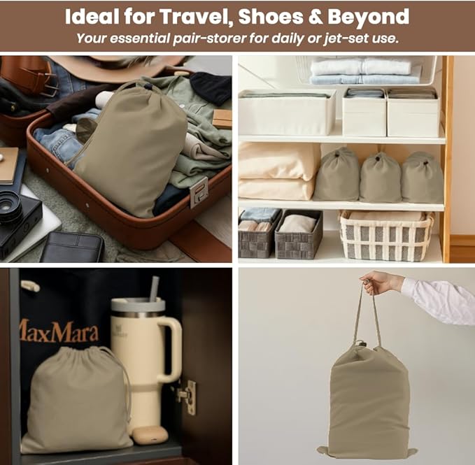 LFH Cotton Rich Shoe Storage Bags with Drawstring, Dustproof Breathable Reusable Organizer, Perfect For Travel, Dorm, Hotel, College, Gym, Easy to Carry Machine Washable 12"x17" (Pack of 4) - Chambray