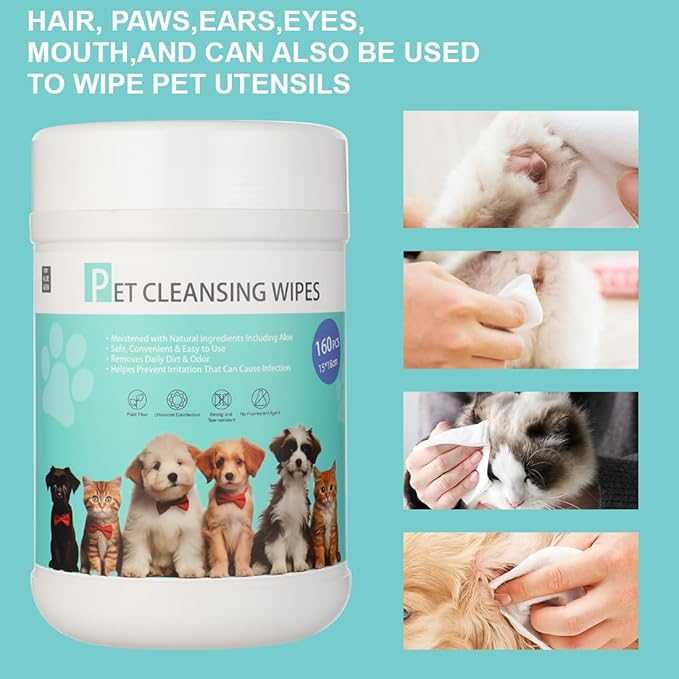 YJWZWE Pet Wipes 160 Count Dog Cleaning Wipe Gentle Paw Wipes for Grooming Ears, Body and Butt, 15 x 18CM