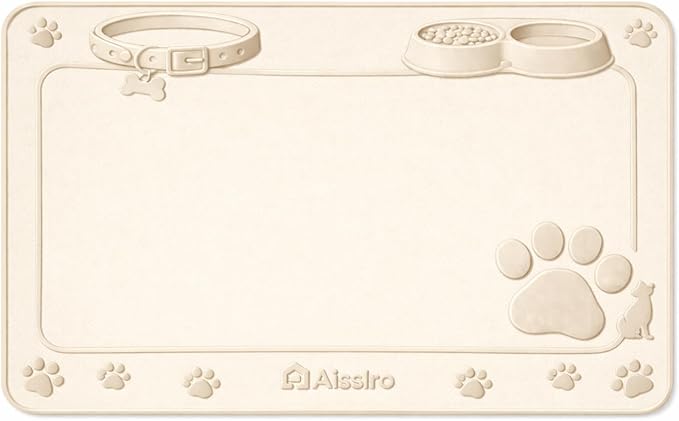 Aisslro Pet Feeding Mat, 27”x27” Absorbent Pet Placemat for Food and Water Bowl, Non-Slip Silicone, Leak-Proof Floor Protection for Quick Dry Water Dispenser Mat for Dog and Cat, Beige