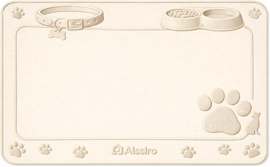 Aisslro Pet Feeding Mat, 27”x27” Absorbent Pet Placemat for Food and Water Bowl, Non-Slip Silicone, Leak-Proof Floor Protection for Quick Dry Water Dispenser Mat for Dog and Cat, Beige