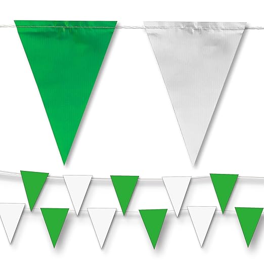 Green & White Pennant Banner Flags | OSHA 500lb Rated | Strand Fade Resistant 【102FT】