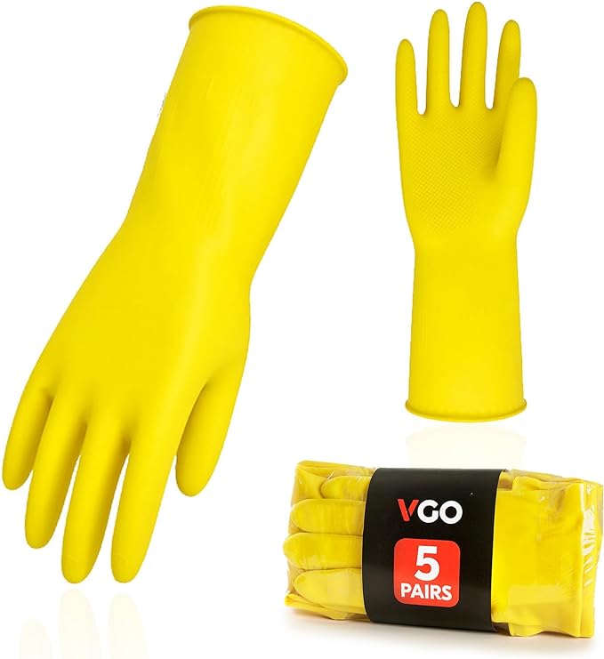 Vgo... 5-Pairs Reusable Household Gloves, Rubber Dishwashing gloves, Extra Thickness, Long Sleeves, Kitchen Cleaning, Working, Painting, Gardening, Pet Care (Size L, Yellow, HH4601)