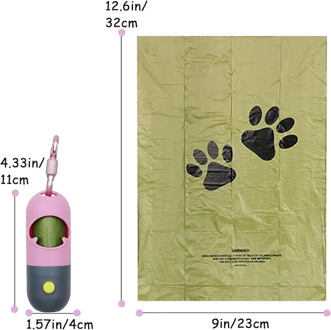 Morn Light 2 Pack Poop Bag Holder with Flashlight Waste Bag Dispenser for Leash with Clip and Battery Poop Bag Dispenser with Green Scented Poop Bags for Dog Walking(Pink,2 Dispenser 60 Bags)