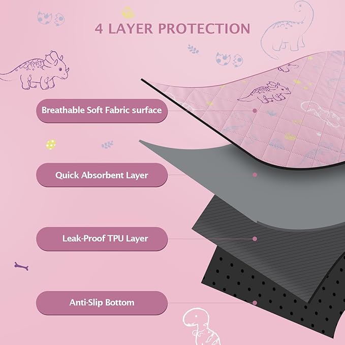 IEUUMLER Washable Pee Pads for Dogs, 1 Pack Non-Slip & Waterproof Pack Whelping Pad, Reusable Washable Puppy Potty Training Pad with Fast Absorbent for Playpen EU007 (Pink Dinosaur, 48"X48"-1pcs)