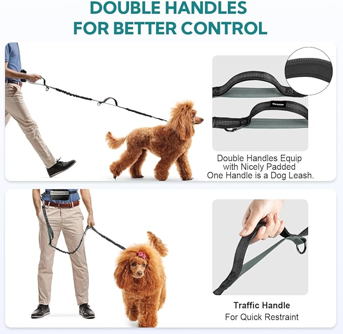 Hands Free Dog Leash with Pouch, Retractable Bungee with Double Padded Handles, Dog Leashes with Bungee for Medium & Large Puppy