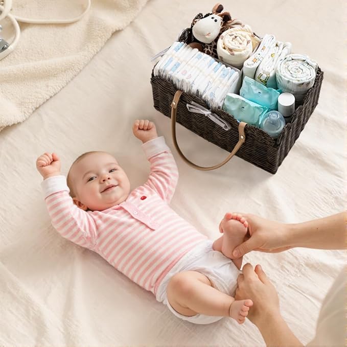 HBlife Baby Diaper Caddy Organizer, Portable Scalloped Plastic Wicker Woven Basket with Divider, Nursery Diaper Station, Baby Shower Gifts Basket, Car Organizer, Washable Waterproof