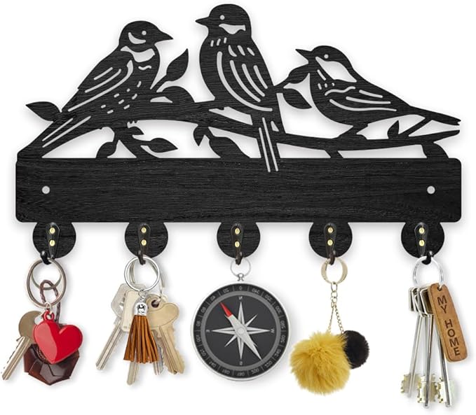 MAYJOYDIY Wooden Bird Branch Coat Hooks Wall Mount 11.8×6.8inch Tree Branch Key Holder for Wall Black Animal Garden Wall Art Decor Key Rack 5 Alloy Hooks for Gift Entryway Living Room Kitchen Office