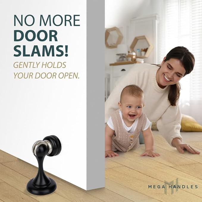 Mega Handles Magnetic Door Stopper, Scratch Free Magnetic Door Catch for Wall, Elegant Magnet Stopper for Floor or Wall - Satin Brass