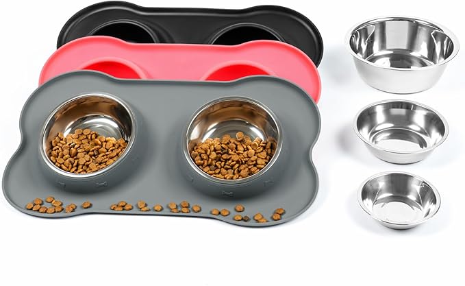 Stainless Steel Dog Bowls with Non-Slip Silicone Mat, Spill Proof Food & Water Bowls Set, Easy Clean Puppy Food Dish, Dishwasher Safe, Suitable for Dogs Cats Pet Under 20lbs, Small, Grey