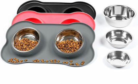 Stainless Steel Dog Bowls with Non-Slip Silicone Mat, Spill Proof Food & Water Bowls Set, Easy Clean Puppy Food Dish, Dishwasher Safe, Suitable for Dogs Cats Pet Under 20lbs, Small, Grey