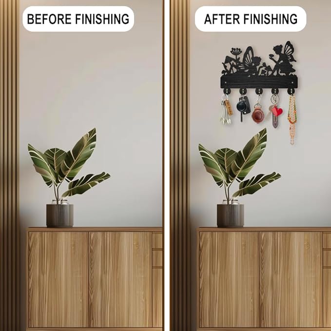 MAYJOYDIY Fairy Coat Hooks Wall Mount Elf Mushroom Wood Key Holder for Wall 11.8×7.9inch Black Wall Art Decor Key Hooks 5 Alloy Hooks for Gift Entryway Living Room Kitchen Office