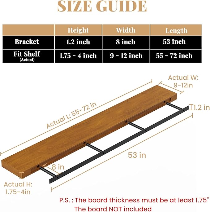 Floating Shelf Bracket Heavy Duty Shelving Brackets,Decorative Floating Shelf Hardware Black,Hidden Metal Shelf Support Bracket Heavy Duty Floating Mantel Bracket (53X8X1.2-Metal Jig)