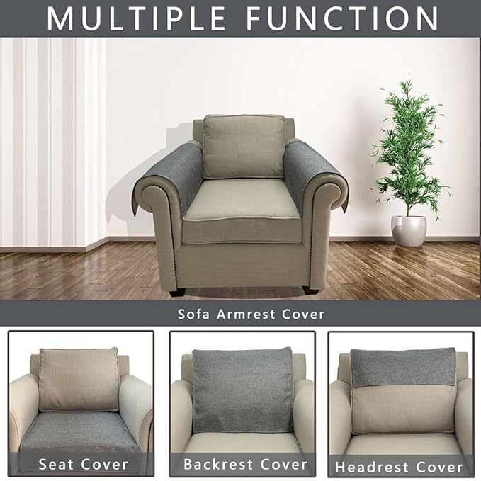 NOYOURS Couch Arm Covers, Anti-Slip Sofa Armrest Cover for Recliner, 2pc Washable Sofa Arm Covers, Dogs Cats Pet Scratch Proof Couch Arm Protectors, Grey, 20x24inch