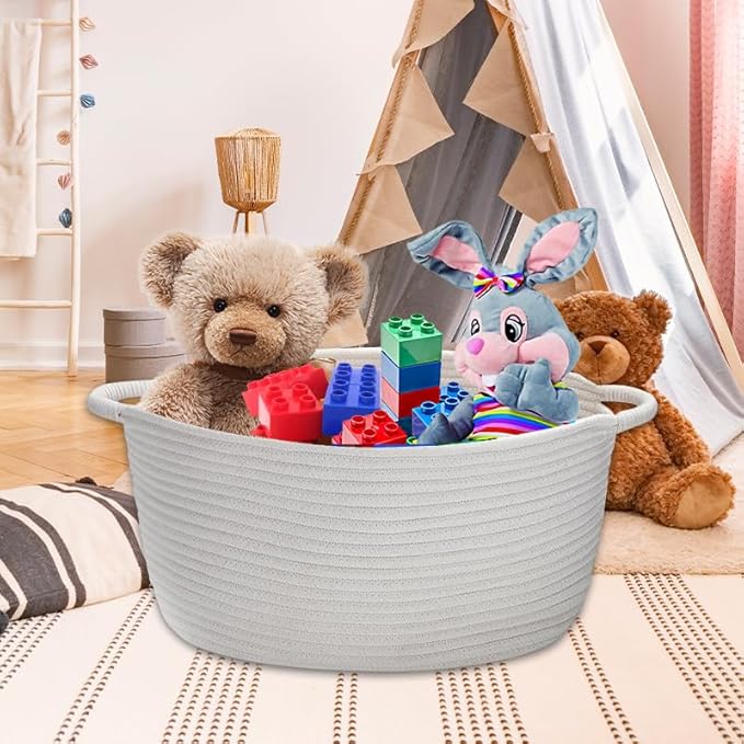 Large Cotton Rope Storage Basket with Handles, Hamper, Laundry Basket, 20 "L x 14" W x 12 "H, Home Decor to Storage Blanket &Toy, etc .(White)
