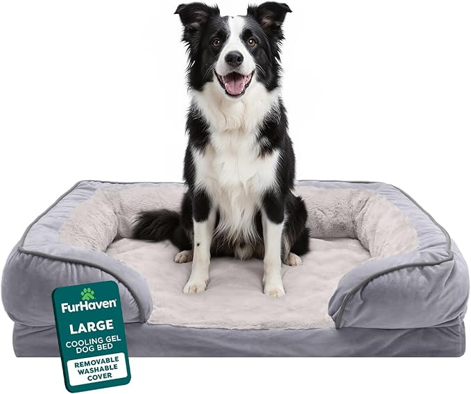 Furhaven Cooling Gel Dog Bed for Large/Medium Dogs w/ Removable Bolsters & Washable Cover, For Dogs Up to 55 lbs - Plush & Velvet Waves Perfect Comfort Sofa - Granite Gray, Large