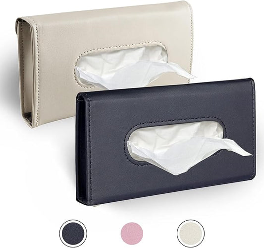 Car Tissue Holder, 2 Pack Sun Visor Napkin Holder, Premium PU Leather, Car Mask Holder for Sun Visor Vehicle, with Tissue Refill, Black&Beige