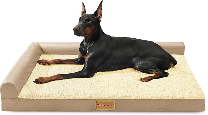 Patas Lague Orthopedic XL Dog Bed Large Sized Dog 42''X28'', Waterproof L Bolster Big Large Pet Sofa Beds with Removable Washable Cover, Soft Pet Couch Crate Mat with Nonskid Bottom, Beige
