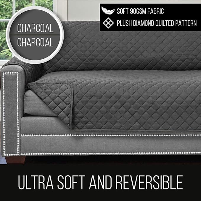 Sofa Shield Armchair Slip Cover with Patented Strap, Cushion Protector, US Designed Reversible Stain and Dog Tear Resistant Slipcover, 48 inch Seat, Washable Covers for Dogs Pets, Charcoal
