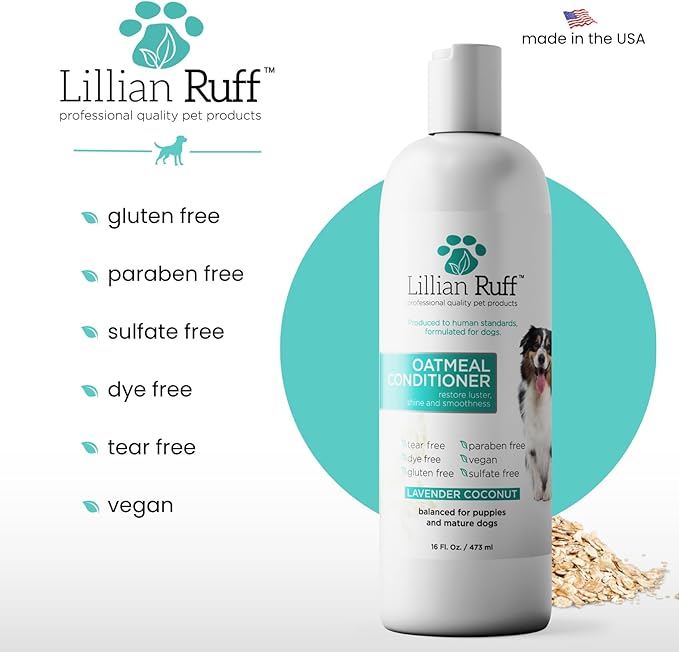 Lillian Ruff PRO Formula Oatmeal Dog Conditioner - Nourishing & Calming Relief for Allergies & Sensitive Skin - Detangles, Softens & Adds Shine with Oatmeal, Coconut Oil & Lavender - USA Made (16oz)
