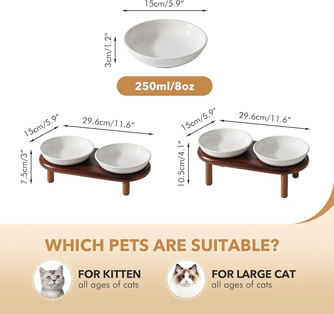 Elevated Ceramic Cat Dish, Wide Whisker Friendly Anti-Slip Food & Water Bowl with 2 Heights Adjustable Acacia Wooden Stand - Pet Bowl Set for Cats (2 Dishes +Stand, White)