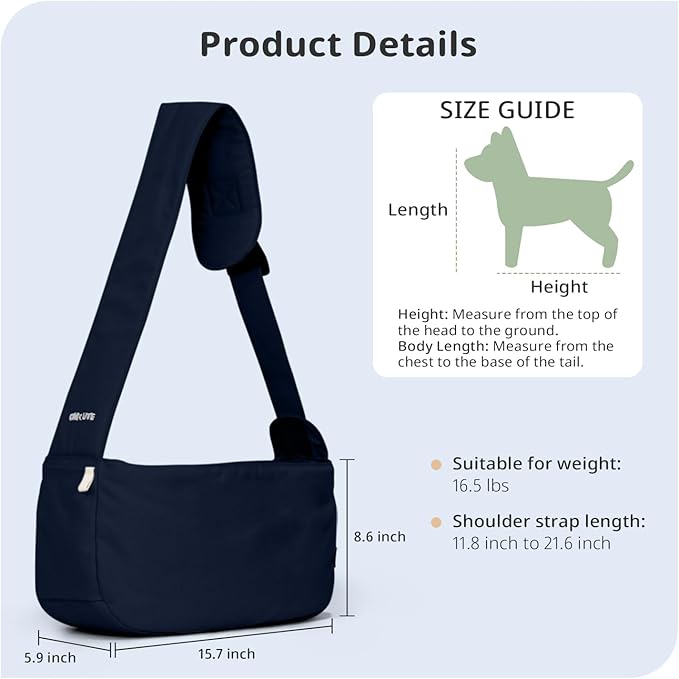 ONECUTE Dog Sling Carrier for Small Dogs and Cats, Lightweight Collapsible Pet Travel Bag with Adjustable Strap, Side Pockets & Breathable Mesh (Navy Blue, 15.7" L x 5.9" W x 8.6" H)
