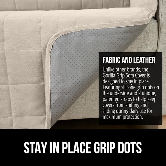 GORILLA GRIP Patented Waterproof Slip-Resistant 70” Sofa Protector Cover, for Leather or Fabric Couch Cushion, Large Microsuede Furniture Covers Dogs Pets Machine Washable Slipcover, Taupe