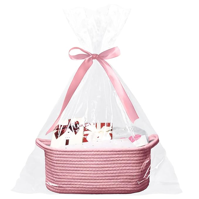 Poschnor Baby Gift Basket with Gift Bags and Ribbons, 12x 8x 5 Inch Basket for Baby and Pet Toys, Small Cotton Rope Basket - Pink