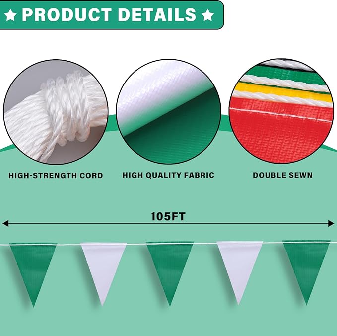 105ft Pennant Banner Flags, 7x10 Green and White 45 Pcs High Visibility Safety Flagging on String, Triangle Pool Flags for Backstroke, Construction Events Party Decoration Parking Marking Outside