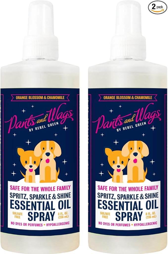 Rebel Green Pants & Wags Spritz, Sparkle & Shine Essential Oil Spray - Orange Blossom & Chamomile - Hypoallergenic - No Dyes or Perfumes - 8 oz - 2 Pack